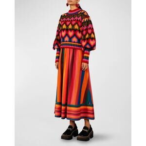 Farm Rio Funky Puff Sleeve Retro Full of Hearts Jacquard Sweater Small